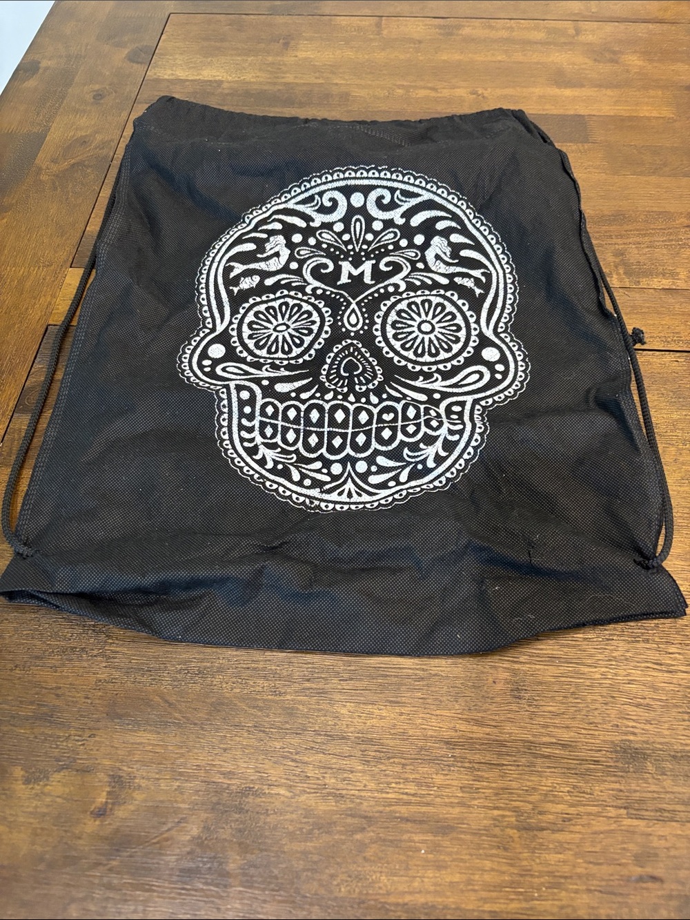 Black Drawstring light material Bag with White Sugar Skull Print